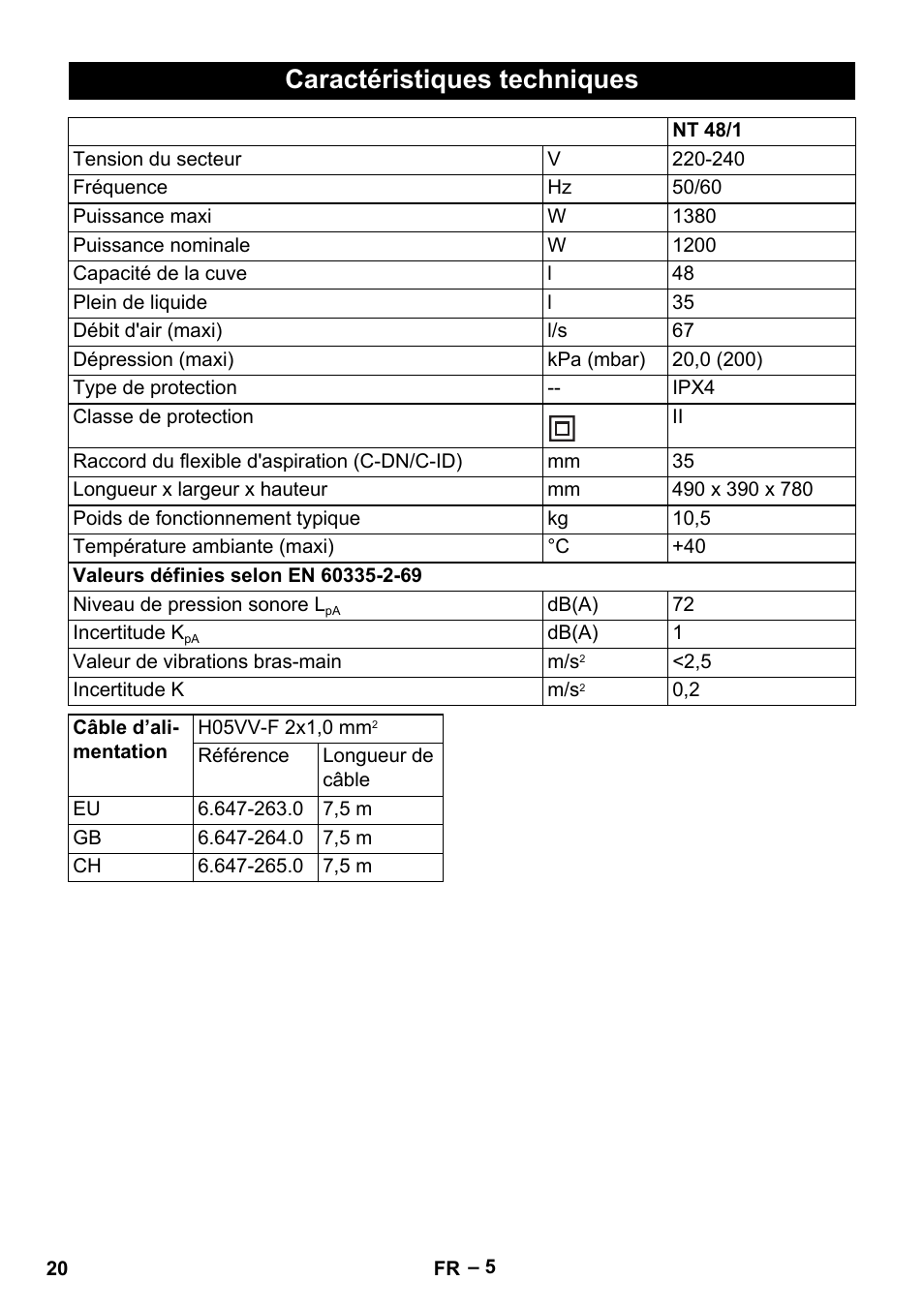 Caractéristiques techniques | Karcher NT 48-1 User Manual | Page 20 / 144