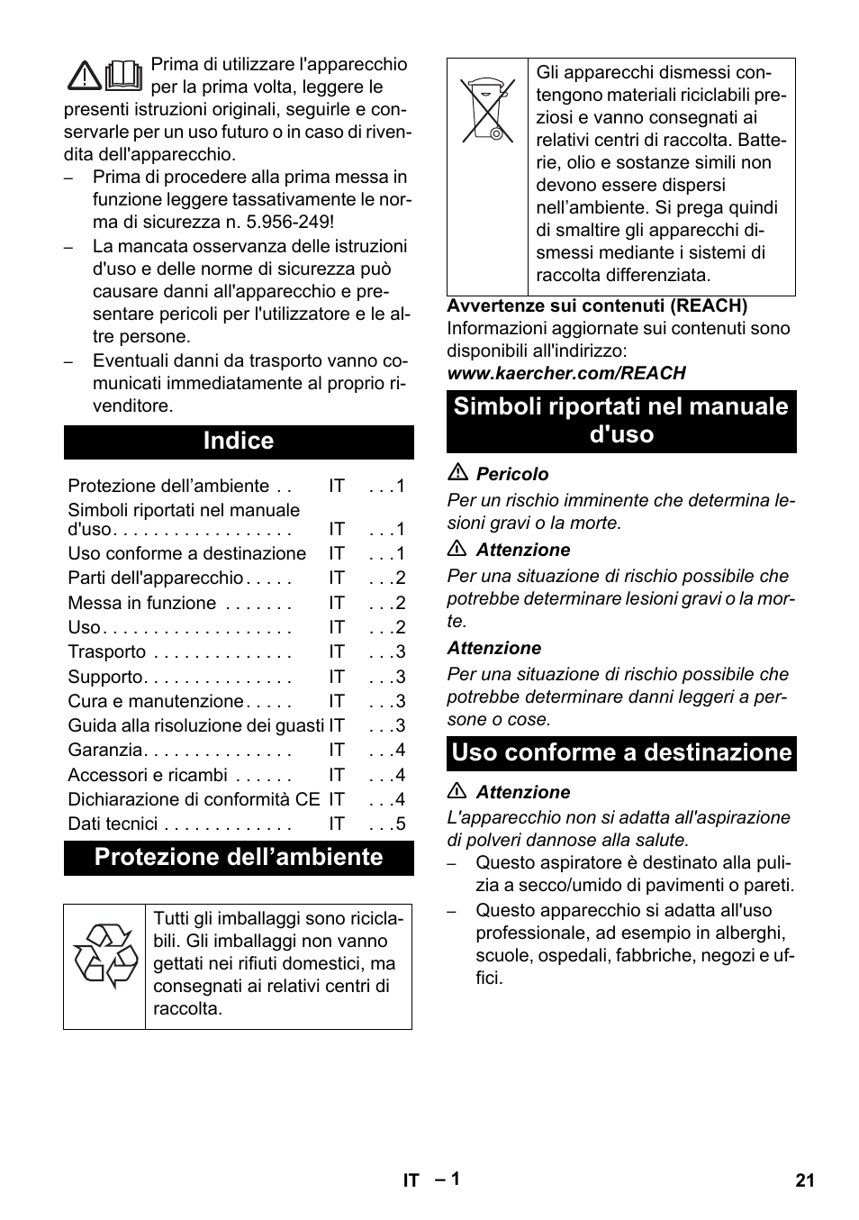 Italiano, Indice, Protezione dell’ambiente | Simboli riportati nel manuale d'uso, Uso conforme a destinazione | Karcher NT 48-1 User Manual | Page 21 / 144