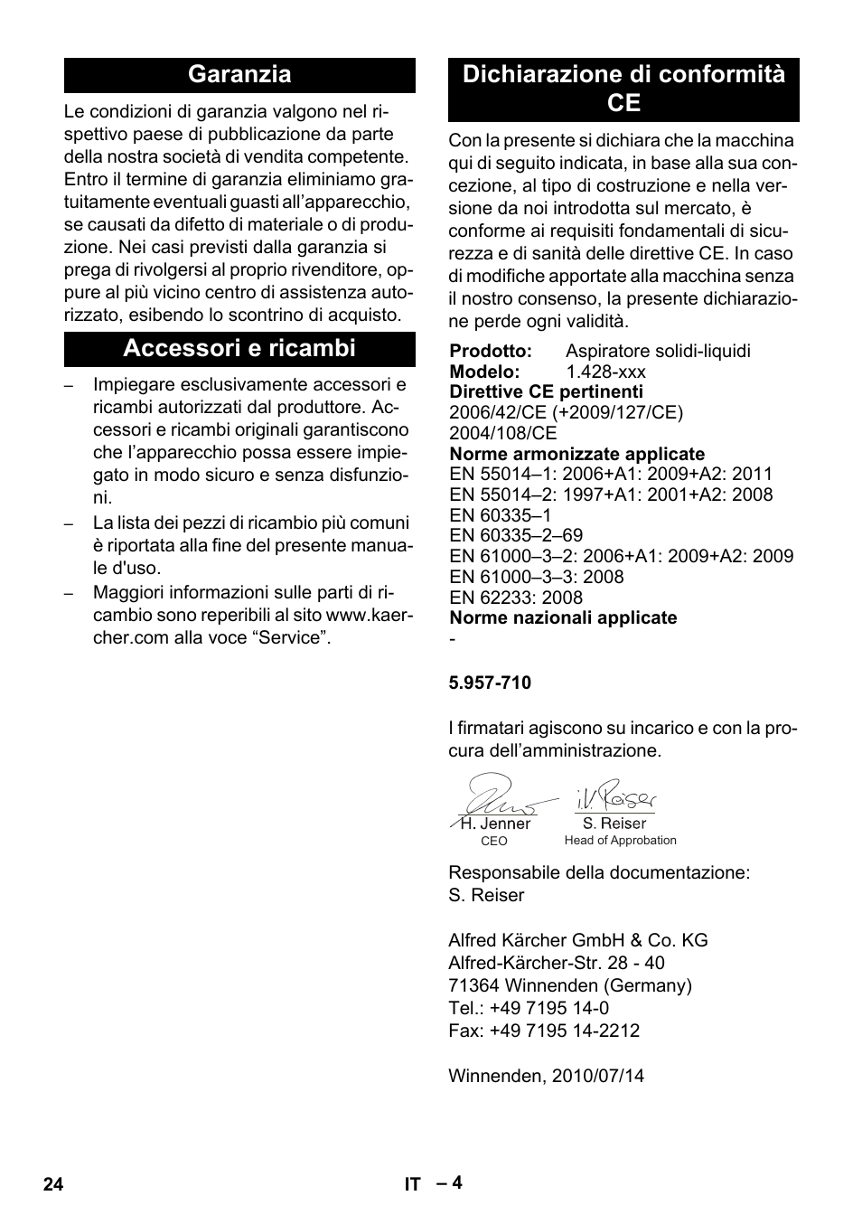 Garanzia, Accessori e ricambi, Dichiarazione di conformità ce | Karcher NT 48-1 User Manual | Page 24 / 144