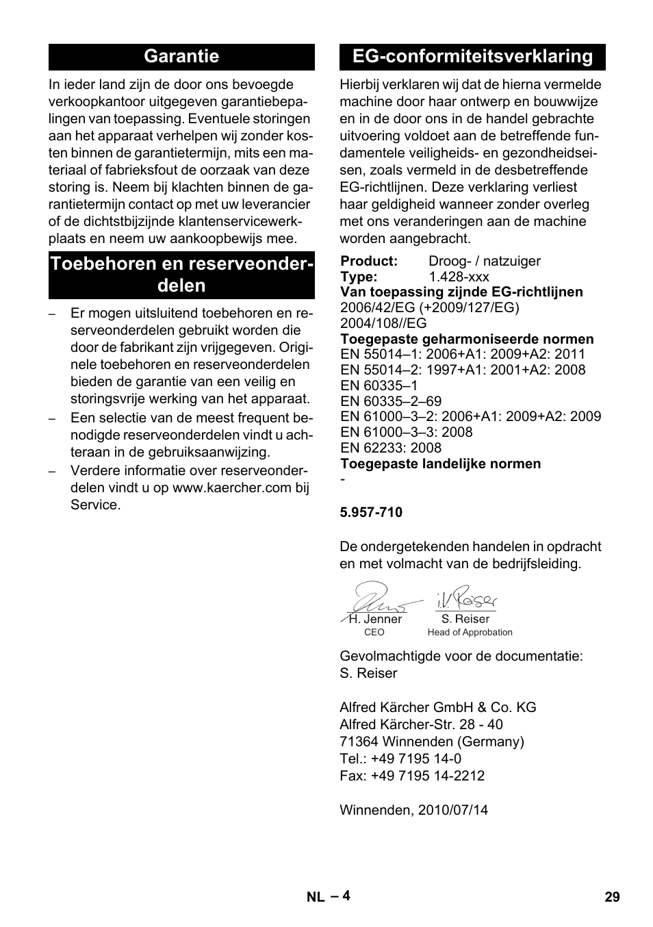 Garantie, Toebehoren en reserveonderdelen, Eg-conformiteitsverklaring | Karcher NT 48-1 User Manual | Page 29 / 144