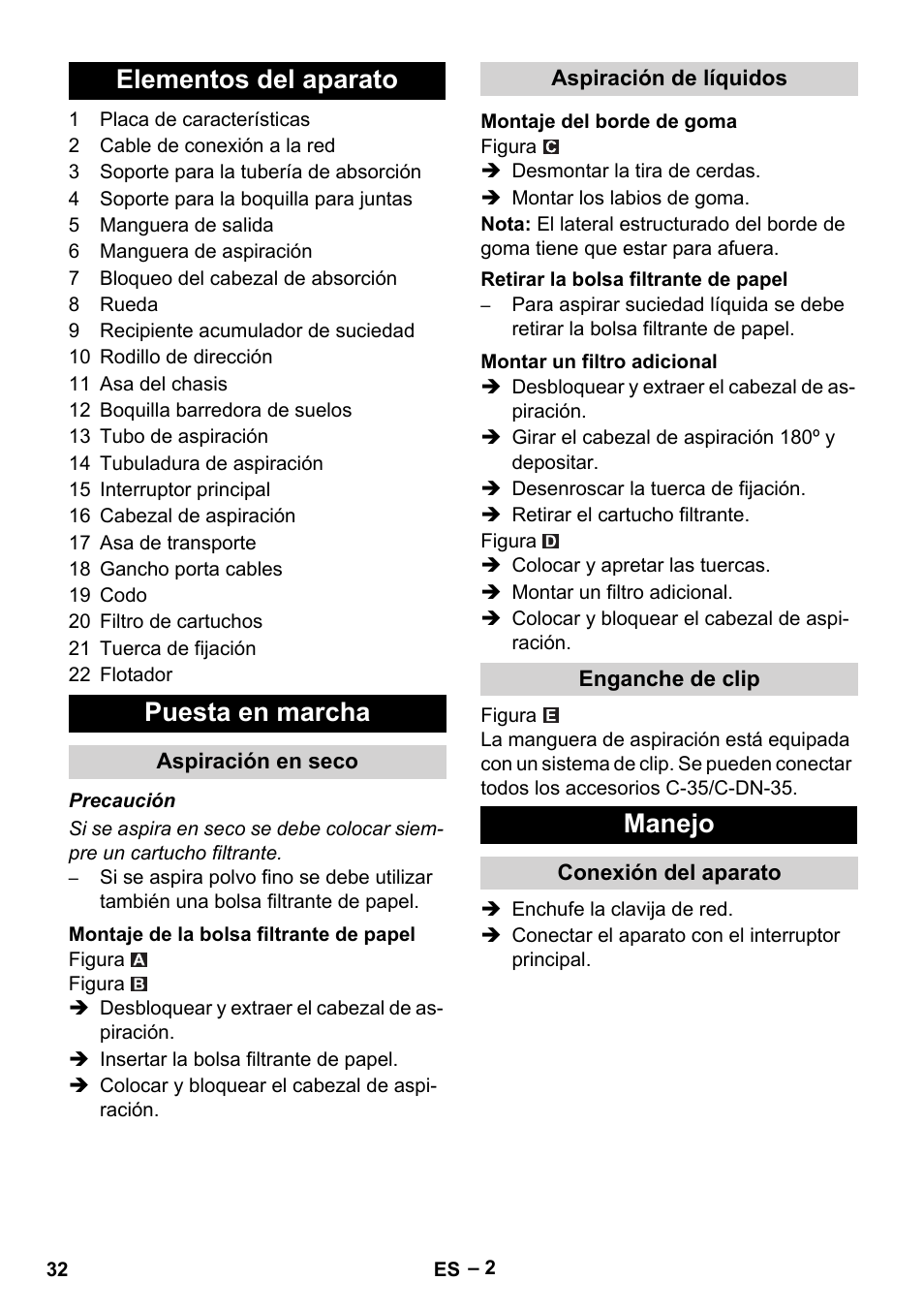 Elementos del aparato, Puesta en marcha, Aspiración en seco | Montaje de la bolsa filtrante de papel, Aspiración de líquidos, Montaje del borde de goma, Retirar la bolsa filtrante de papel, Montar un filtro adicional, Enganche de clip, Manejo | Karcher NT 48-1 User Manual | Page 32 / 144