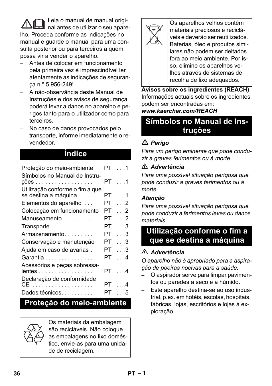 Português, Índice, Proteção do meio-ambiente | Símbolos no manual de instruções | Karcher NT 48-1 User Manual | Page 36 / 144