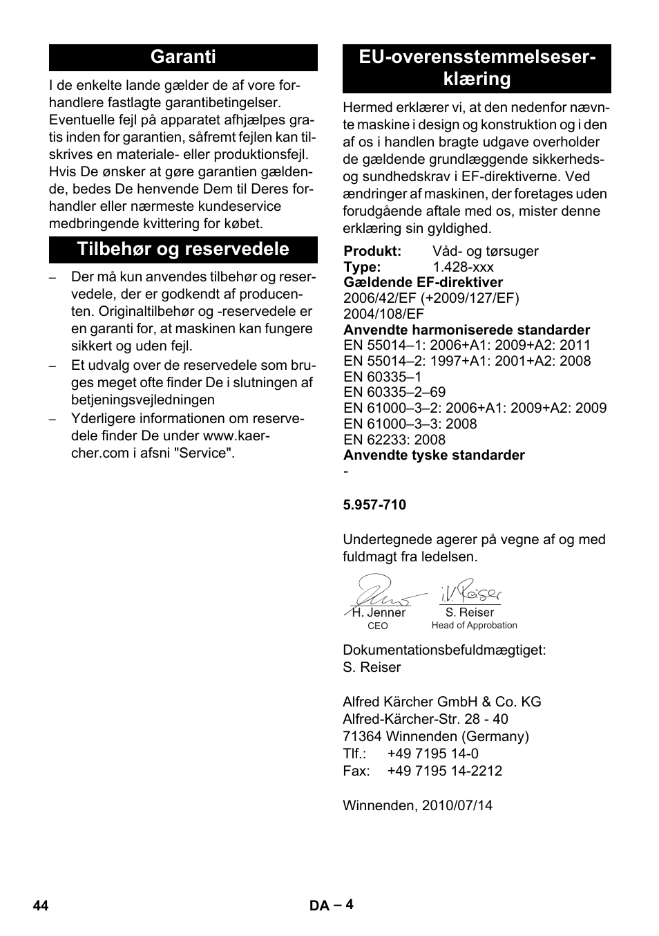 Garanti, Tilbehør og reservedele, Eu-overensstemmelseserklæring | Karcher NT 48-1 User Manual | Page 44 / 144