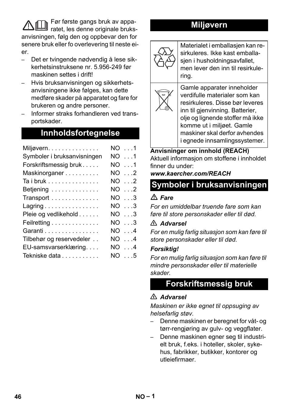 Norsk, Innholdsfortegnelse, Miljøvern | Symboler i bruksanvisningen, Forskriftsmessig bruk, Symboler i bruksanvisningen forskriftsmessig bruk | Karcher NT 48-1 User Manual | Page 46 / 144