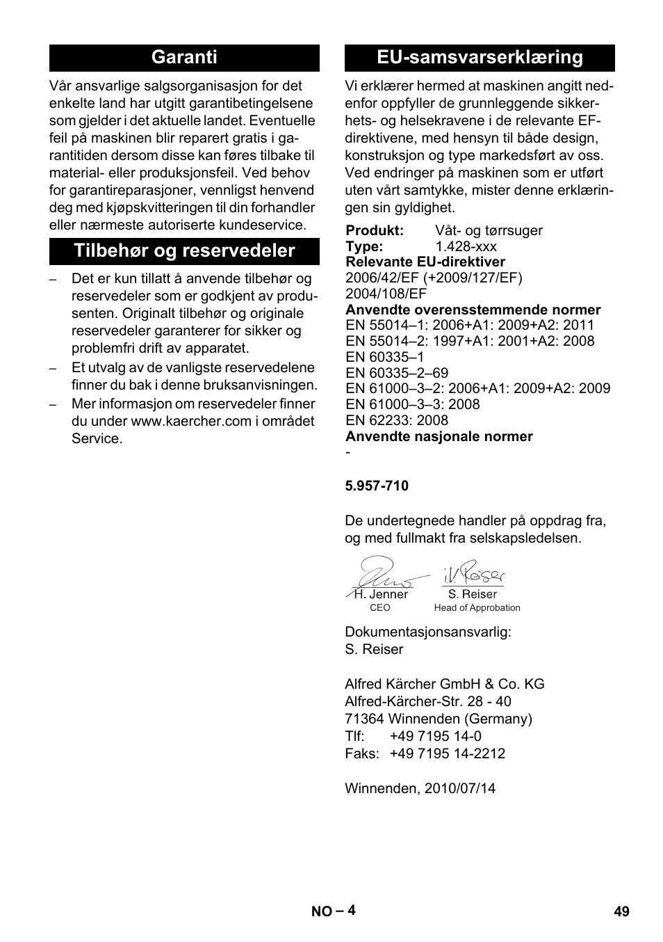 Garanti, Tilbehør og reservedeler, Eu-samsvarserklæring | Karcher NT 48-1 User Manual | Page 49 / 144