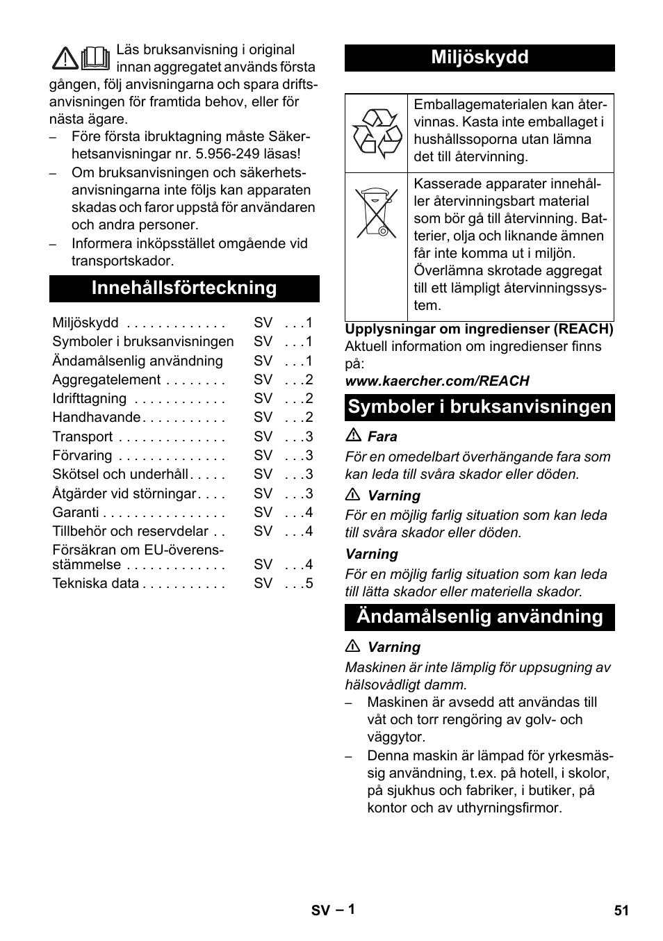 Svenska, Innehållsförteckning, Miljöskydd | Symboler i bruksanvisningen, Ändamålsenlig användning | Karcher NT 48-1 User Manual | Page 51 / 144