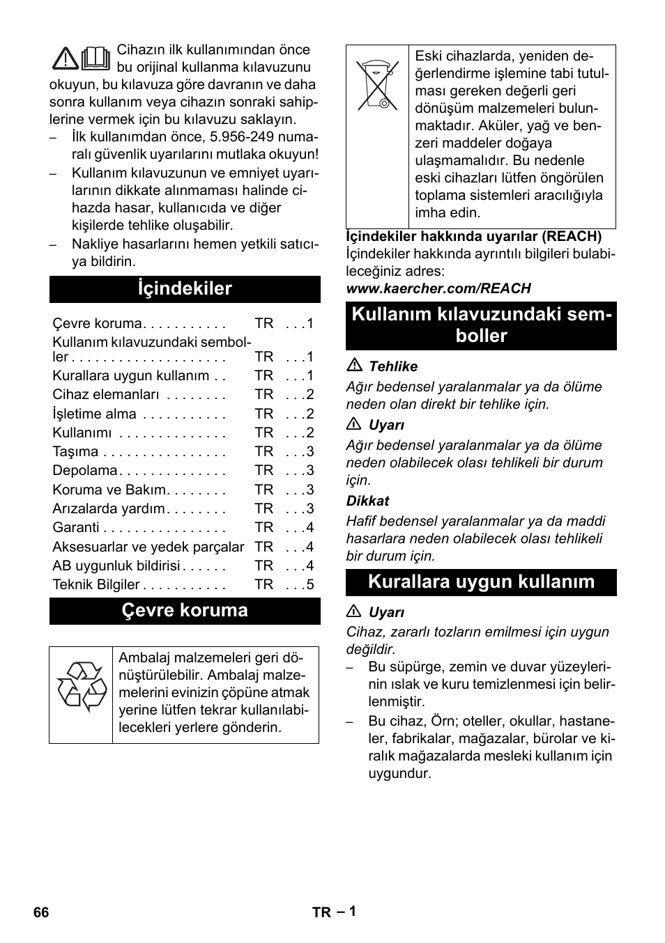 Türkçe, Içindekiler, Çevre koruma | Kullanım kılavuzundaki semboller, Kurallara uygun kullanım | Karcher NT 48-1 User Manual | Page 66 / 144