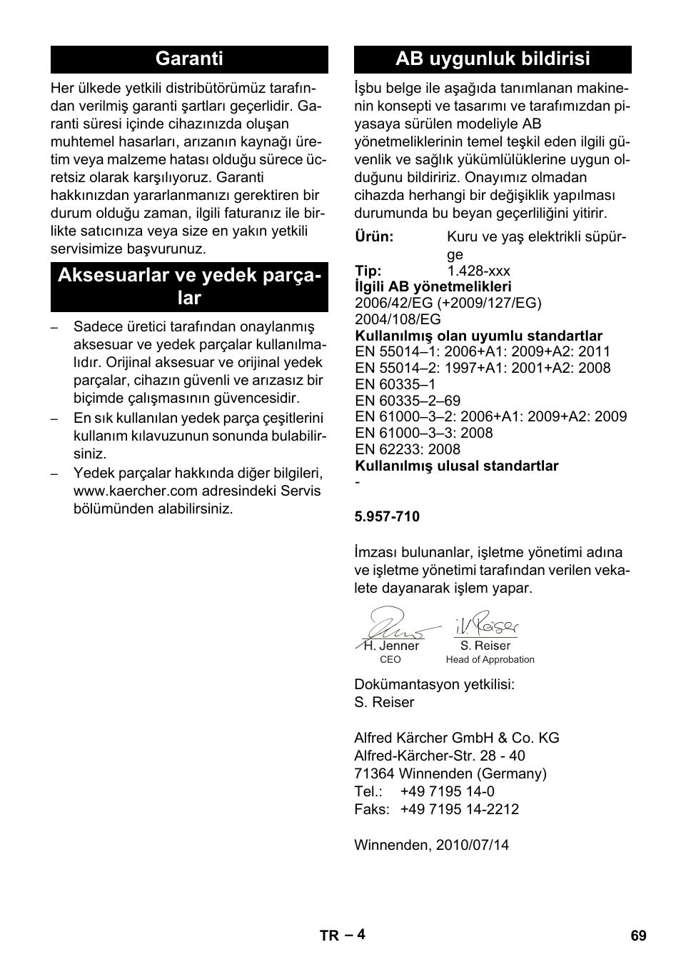 Garanti, Aksesuarlar ve yedek parçalar, Ab uygunluk bildirisi | Karcher NT 48-1 User Manual | Page 69 / 144