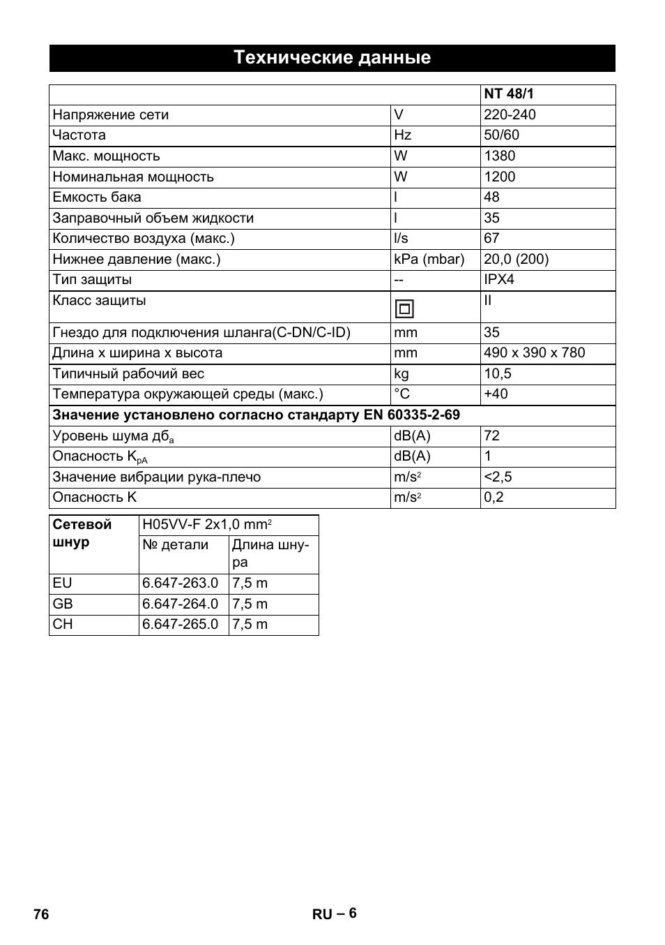 Технические данные | Karcher NT 48-1 User Manual | Page 76 / 144