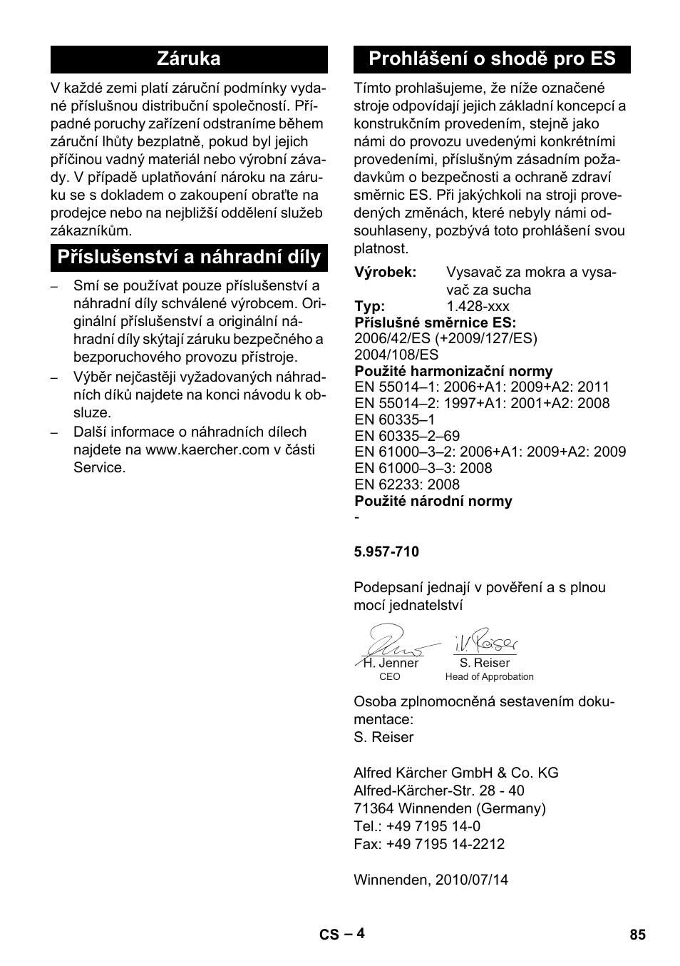 Záruka, Příslušenství a náhradní díly, Prohlášení o shodě pro es | Karcher NT 48-1 User Manual | Page 85 / 144