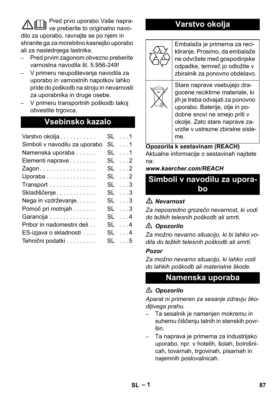 Slovenščina, Vsebinsko kazalo, Varstvo okolja | Simboli v navodilu za uporabo, Namenska uporaba, Simboli v navodilu za upora- bo namenska uporaba | Karcher NT 48-1 User Manual | Page 87 / 144