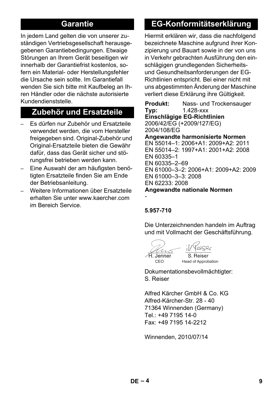 Garantie, Zubehör und ersatzteile, Eg-konformitätserklärung | Karcher NT 48-1 User Manual | Page 9 / 144