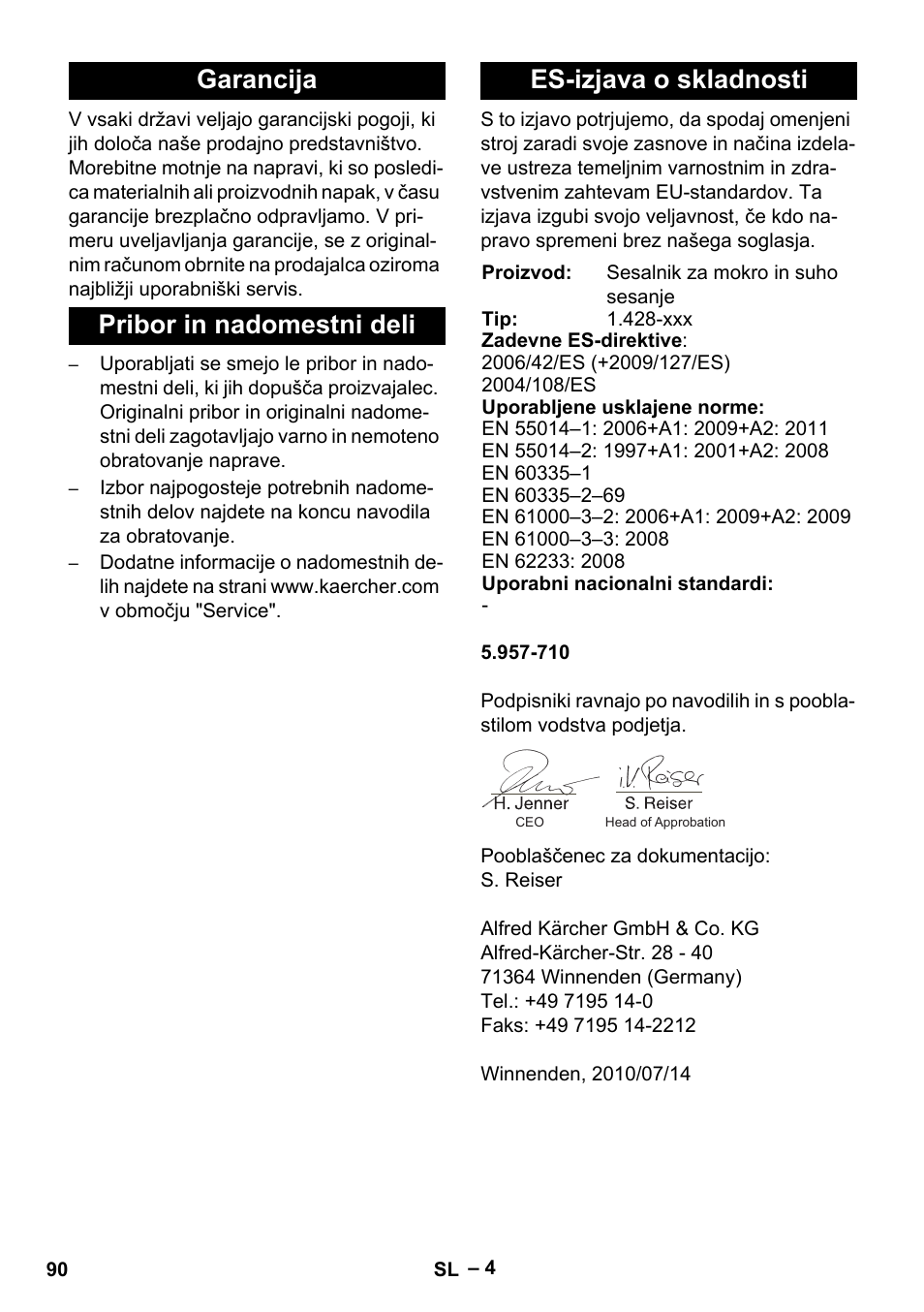 Garancija, Pribor in nadomestni deli, Es-izjava o skladnosti | Karcher NT 48-1 User Manual | Page 90 / 144