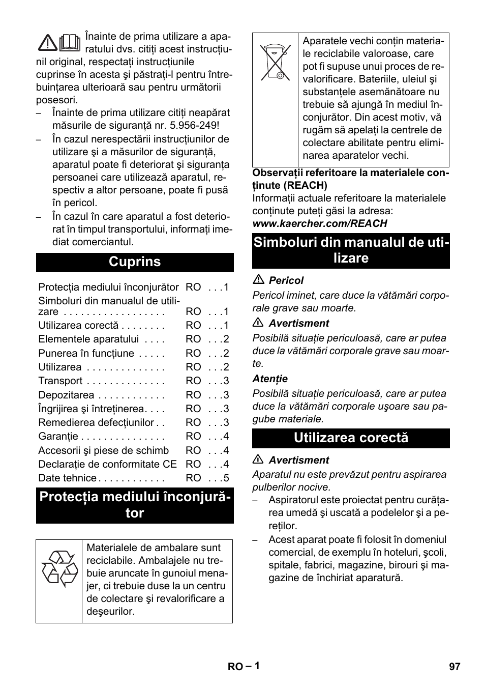 Româneşte, Cuprins, Protecţia mediului înconjurător | Simboluri din manualul de utilizare, Utilizarea corectă, Protecţia mediului înconjură- tor | Karcher NT 48-1 User Manual | Page 97 / 144