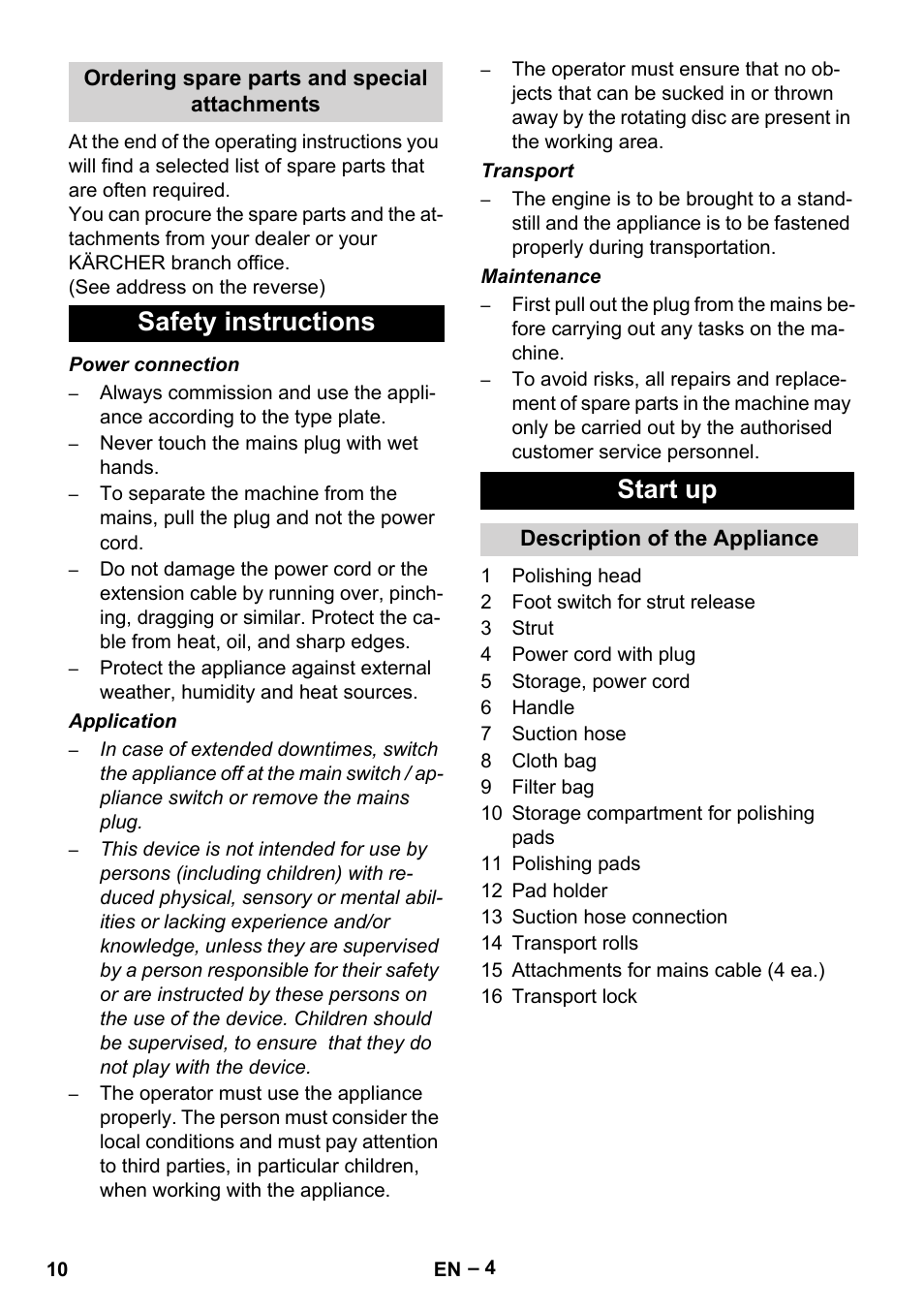 Safety instructions start up | Karcher FP 303 User Manual | Page 10 / 188