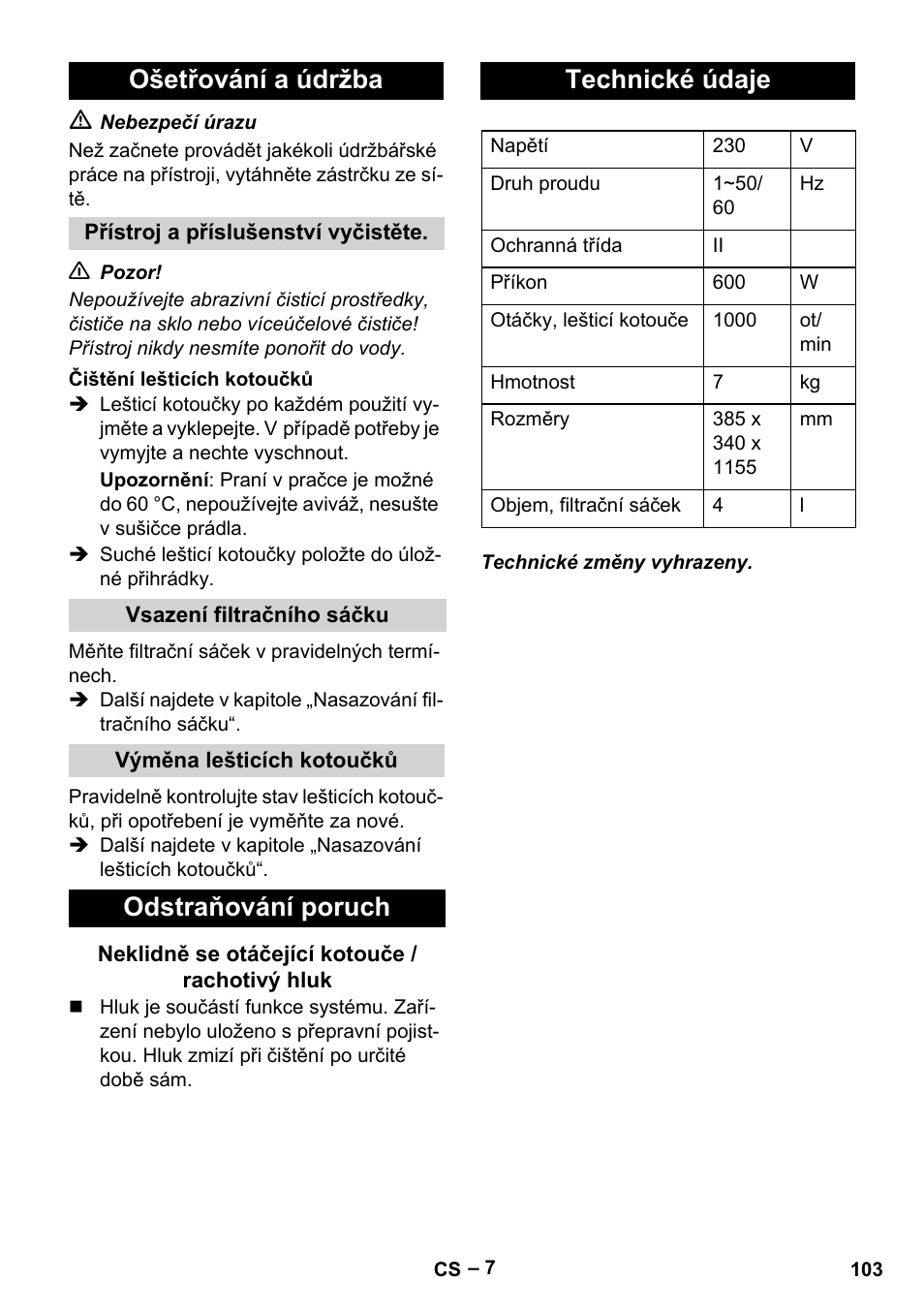 Ošetřování a údržba, Odstraňování poruch, Technické údaje | Karcher FP 303 User Manual | Page 103 / 188