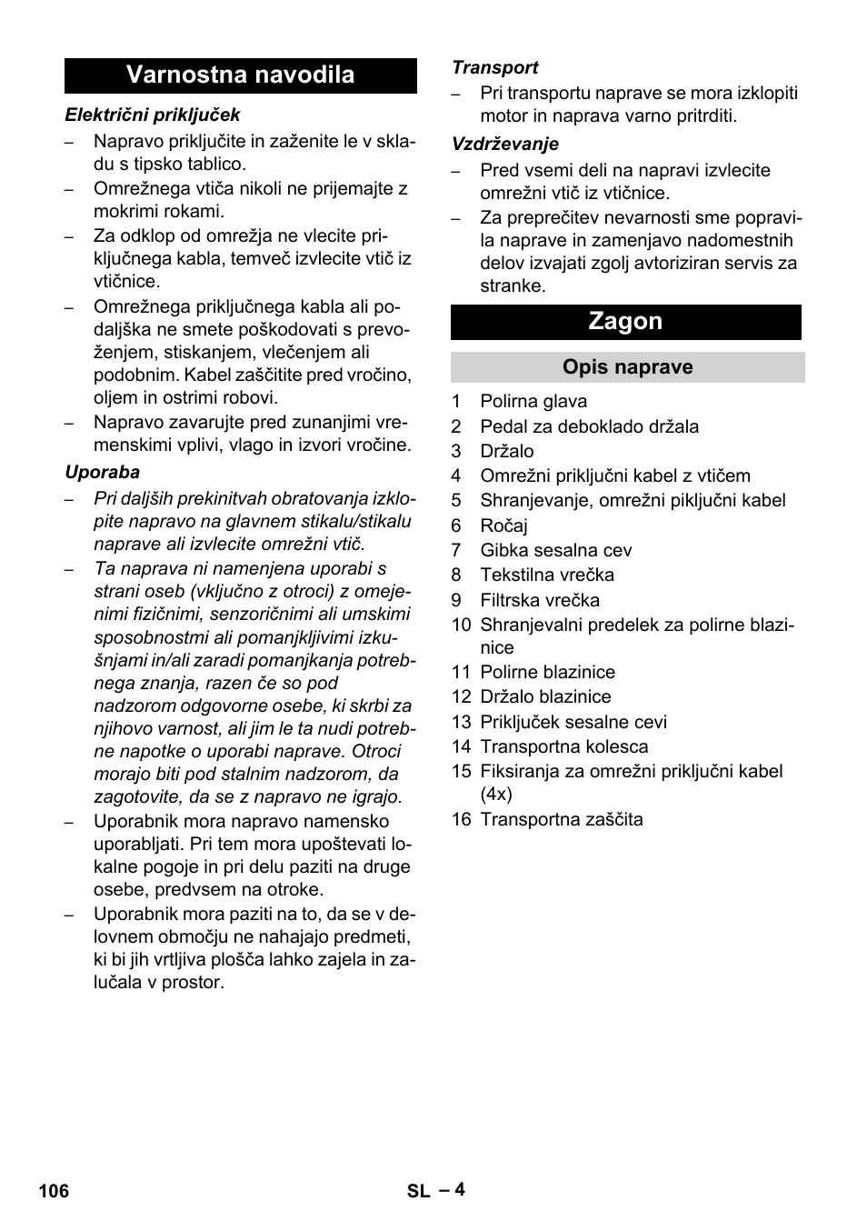 Varnostna navodila zagon | Karcher FP 303 User Manual | Page 106 / 188