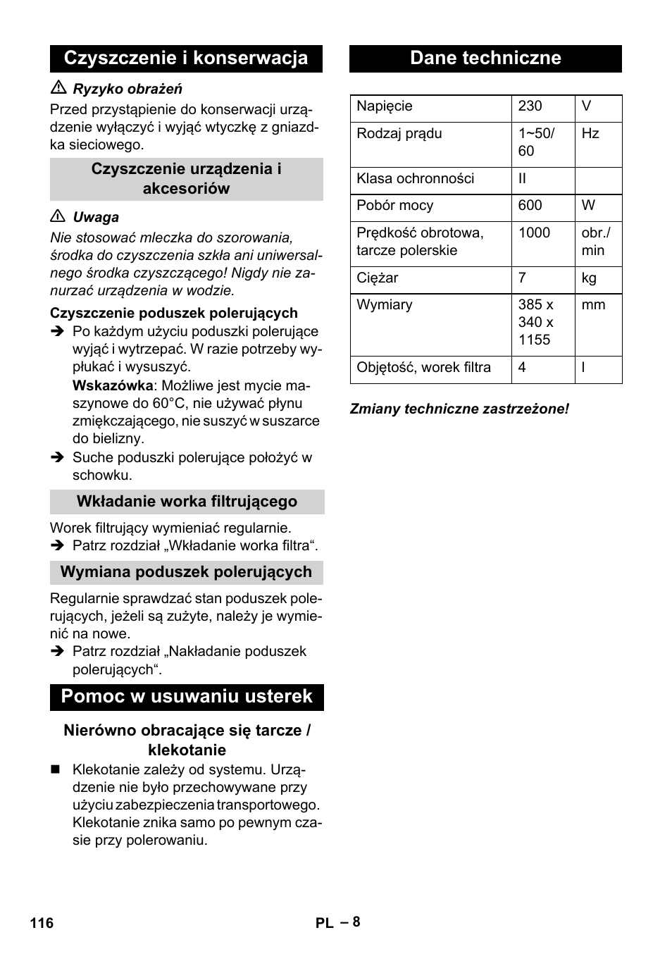 Czyszczenie i konserwacja, Pomoc w usuwaniu usterek, Dane techniczne | Karcher FP 303 User Manual | Page 116 / 188