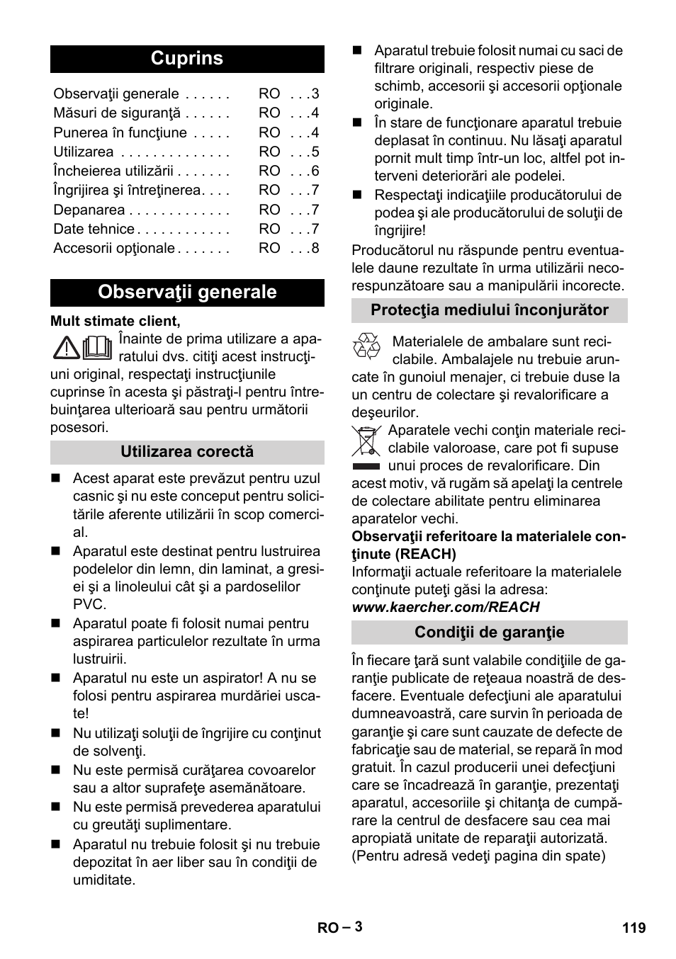 Româneşte, Românete, Cuprins | Observaţii generale | Karcher FP 303 User Manual | Page 119 / 188