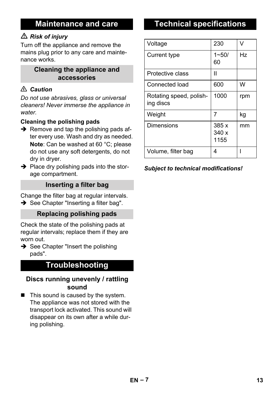 Maintenance and care, Troubleshooting, Technical specifications | Karcher FP 303 User Manual | Page 13 / 188