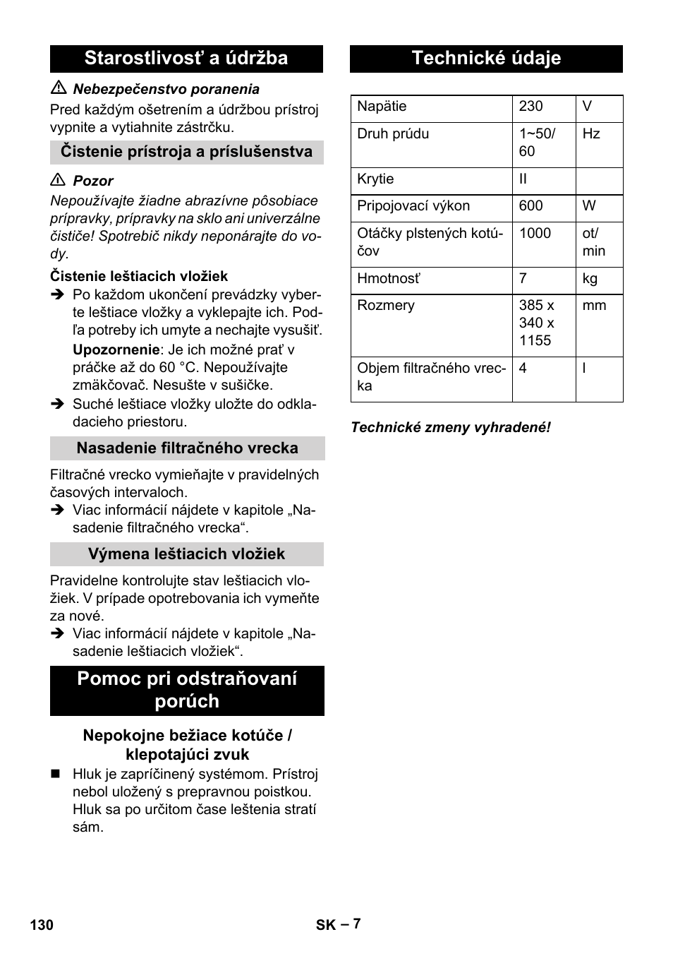 Starostlivosť a údržba, Pomoc pri odstraňovaní porúch, Technické údaje | Karcher FP 303 User Manual | Page 130 / 188