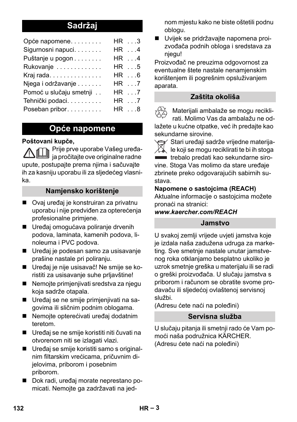 Hrvatski, Sadržaj, Opće napomene | Karcher FP 303 User Manual | Page 132 / 188