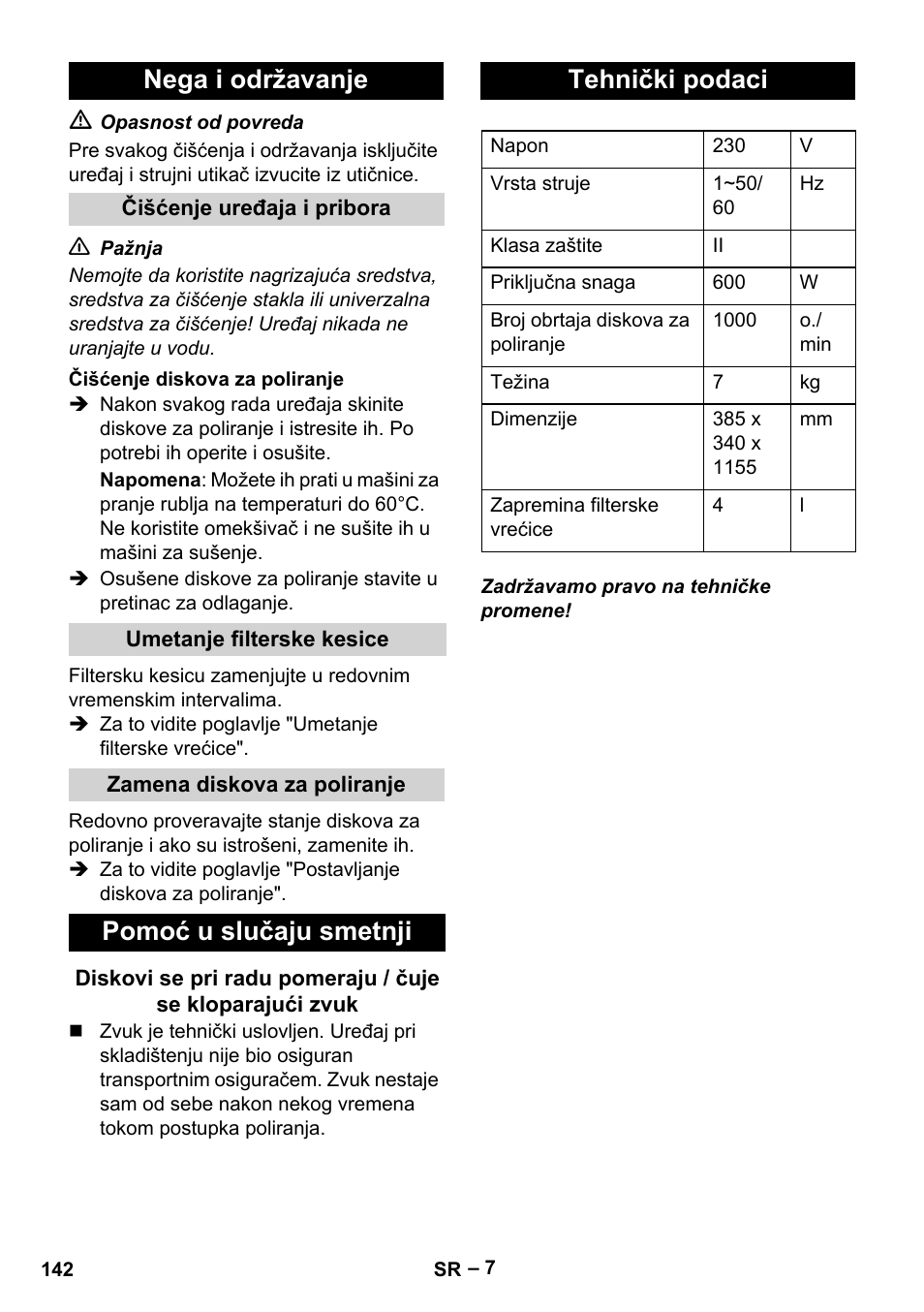 Nega i održavanje, Pomoć u slučaju smetnji, Tehnički podaci | Karcher FP 303 User Manual | Page 142 / 188