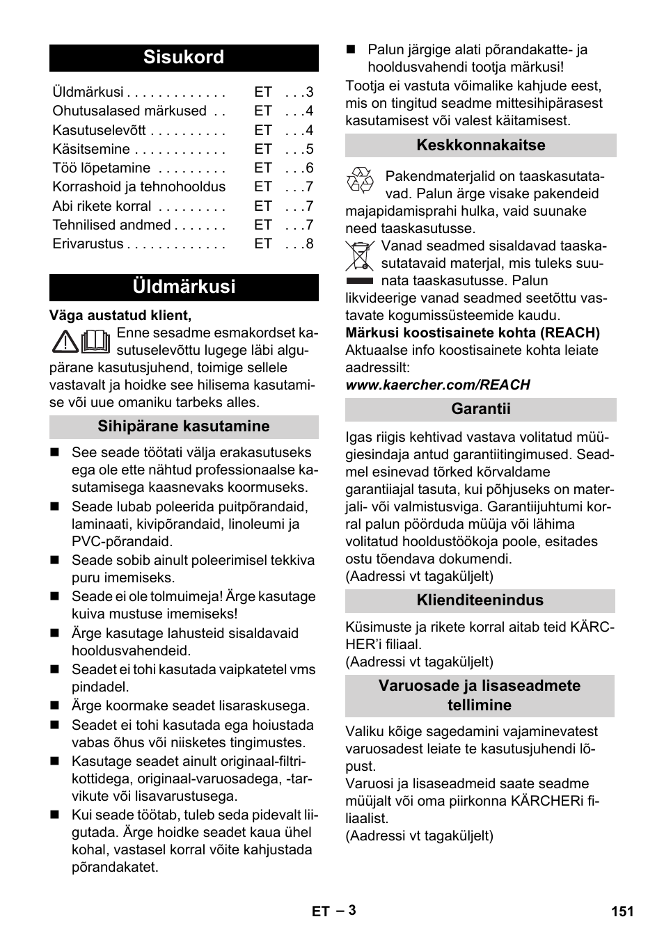Eesti, Sisukord, Üldmärkusi | Karcher FP 303 User Manual | Page 151 / 188