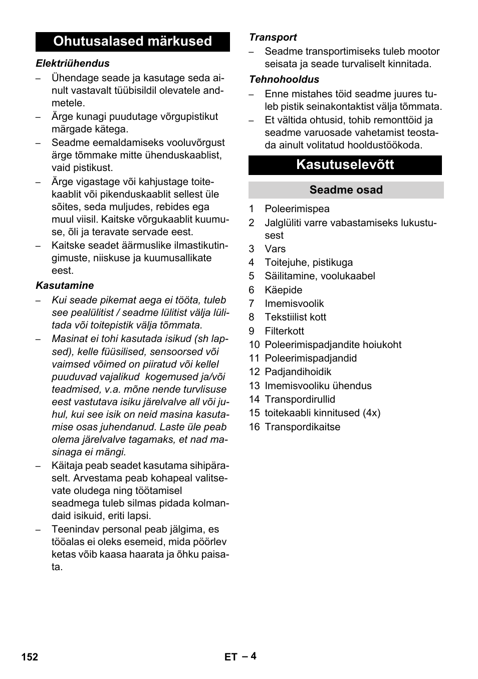 Ohutusalased märkused kasutuselevõtt | Karcher FP 303 User Manual | Page 152 / 188