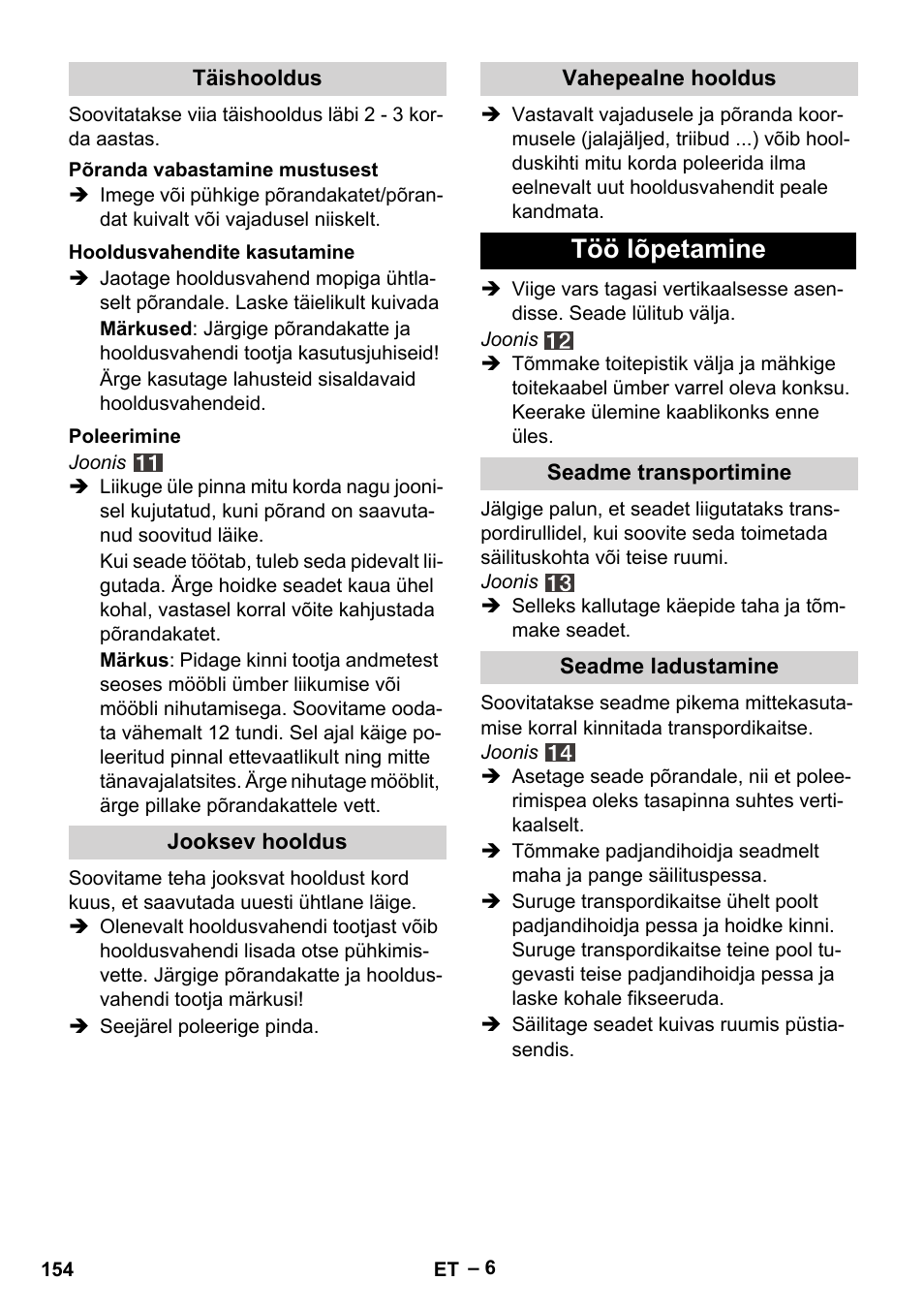 Töö lõpetamine | Karcher FP 303 User Manual | Page 154 / 188