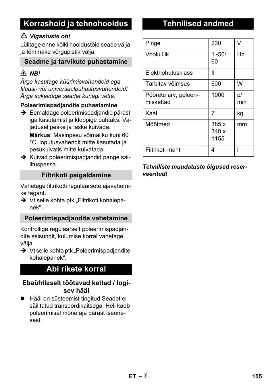 Korrashoid ja tehnohooldus, Abi rikete korral, Tehnilised andmed | Karcher FP 303 User Manual | Page 155 / 188