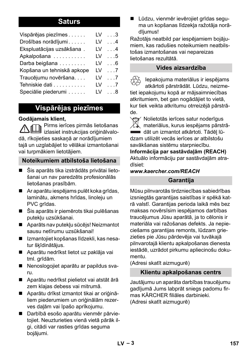 Latviešu, Saturs, Vispārējas piezīmes | Karcher FP 303 User Manual | Page 157 / 188