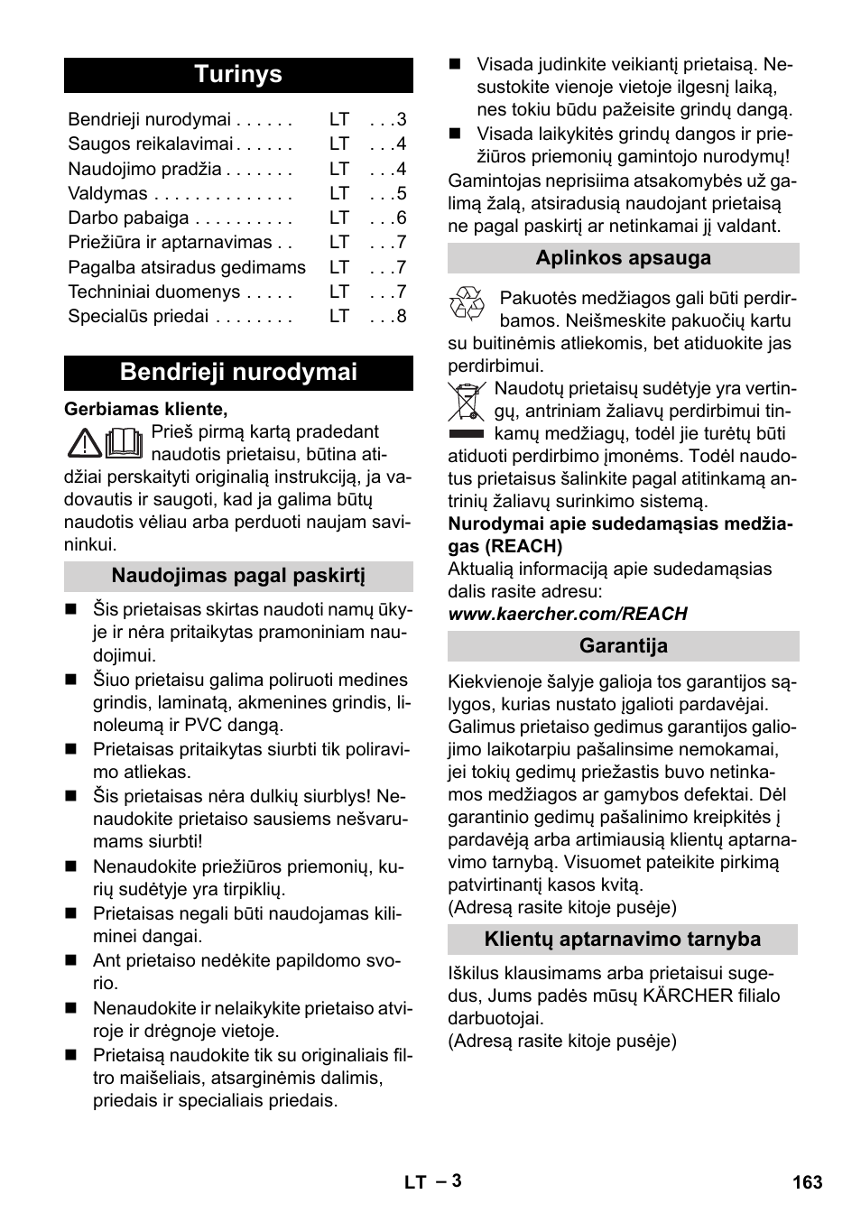 Lietuviškai, Turinys, Bendrieji nurodymai | Karcher FP 303 User Manual | Page 163 / 188