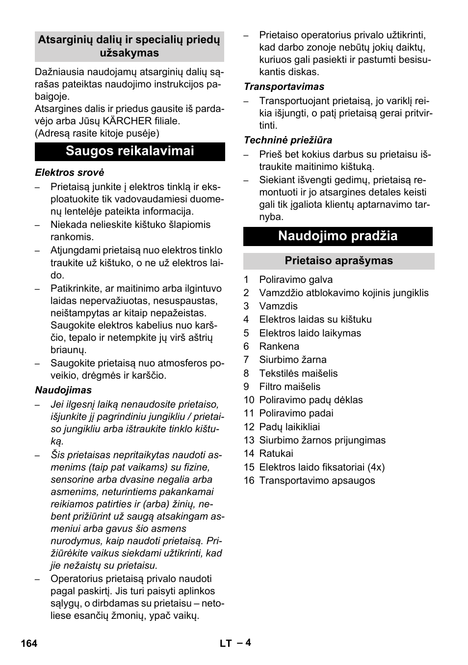 Saugos reikalavimai naudojimo pradžia | Karcher FP 303 User Manual | Page 164 / 188