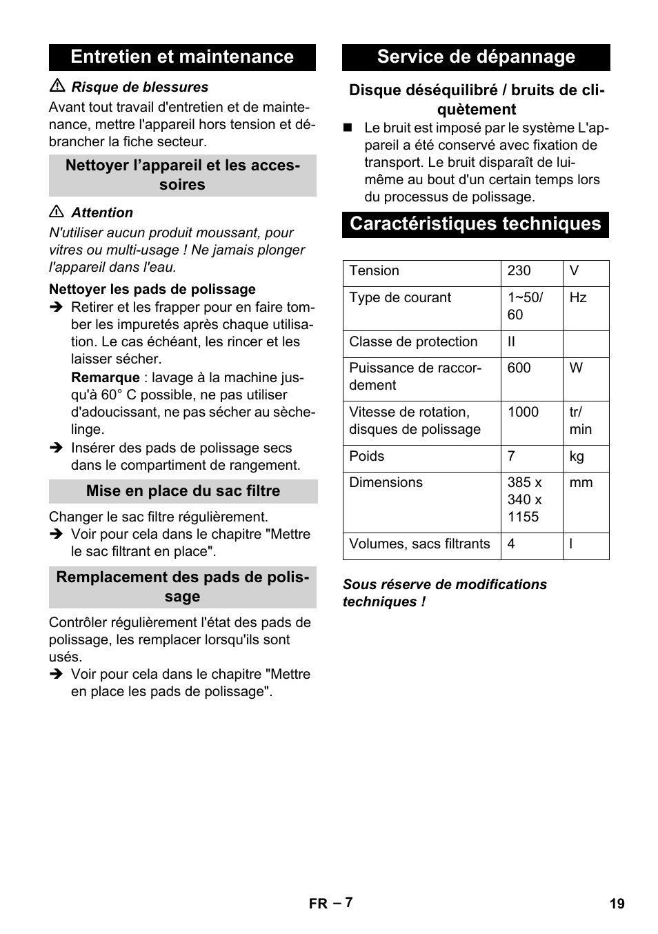 Entretien et maintenance, Service de dépannage, Caractéristiques techniques | Karcher FP 303 User Manual | Page 19 / 188