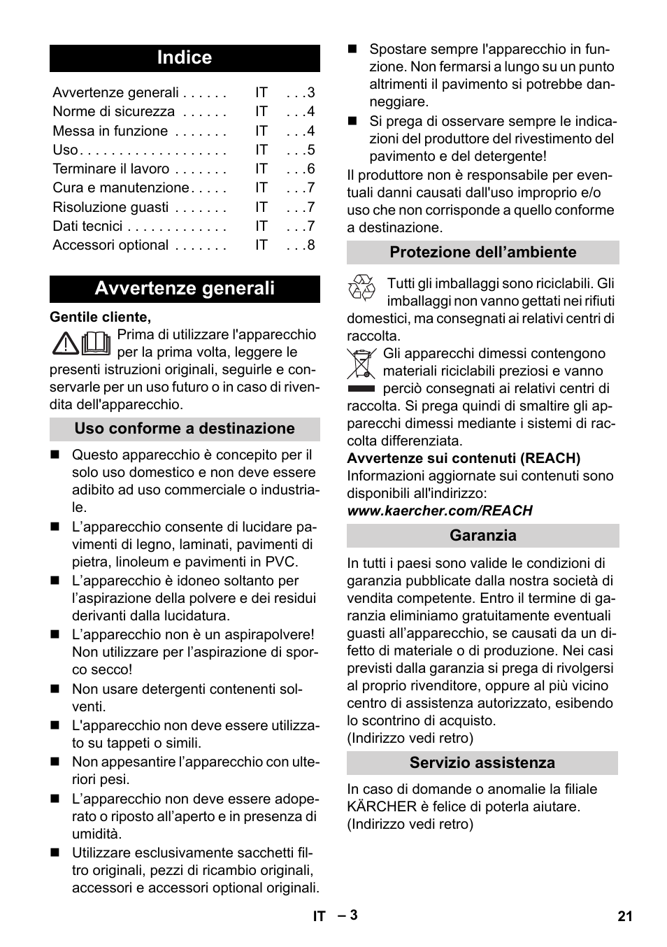 Italiano, Indice, Avvertenze generali | Karcher FP 303 User Manual | Page 21 / 188