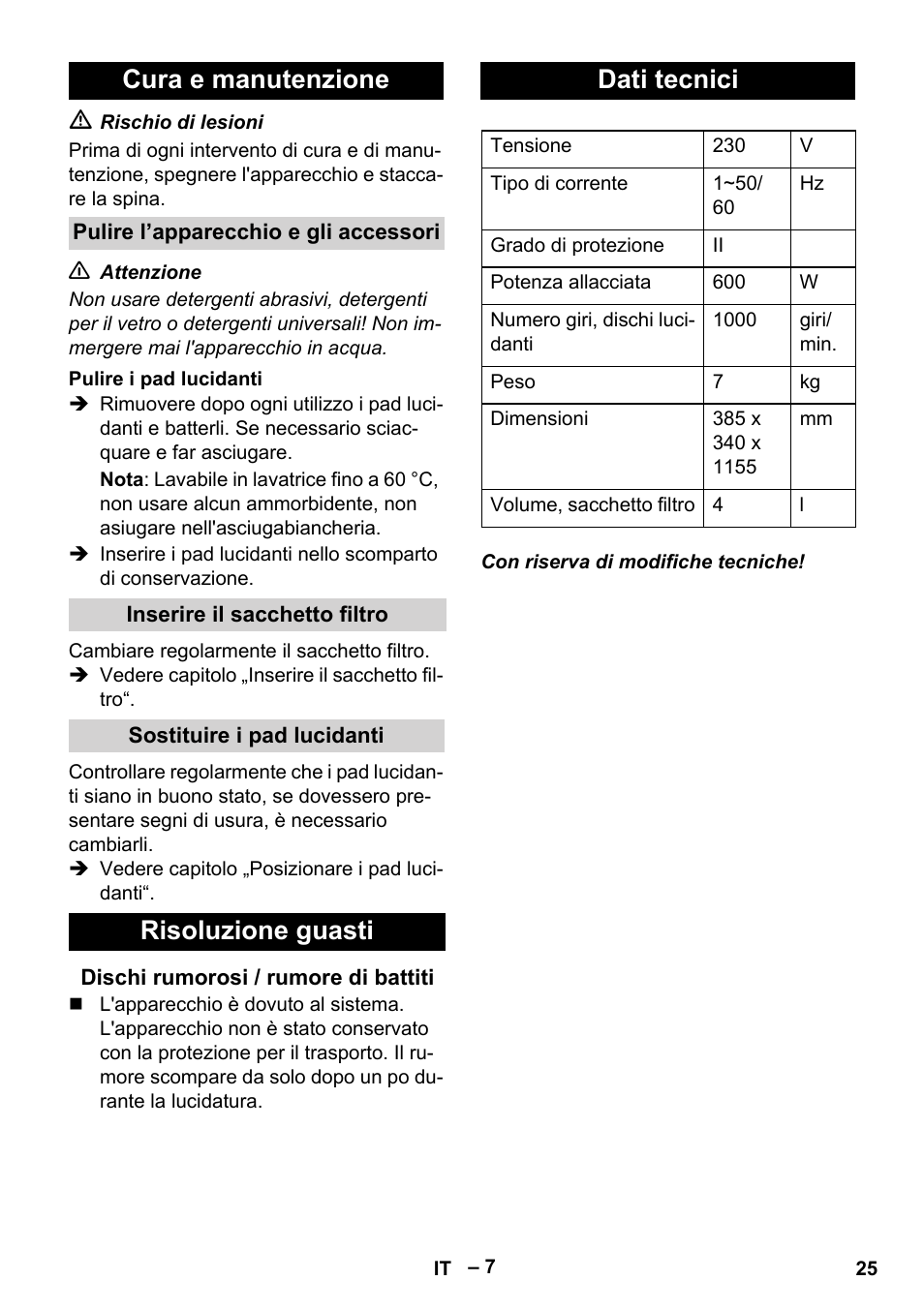 Cura e manutenzione, Risoluzione guasti, Dati tecnici | Karcher FP 303 User Manual | Page 25 / 188