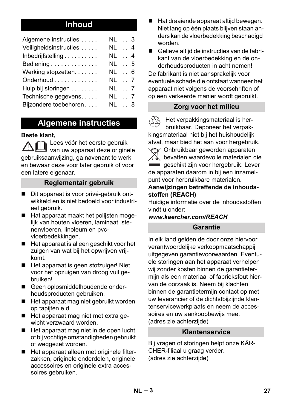 Nederlands, Inhoud, Algemene instructies | Karcher FP 303 User Manual | Page 27 / 188