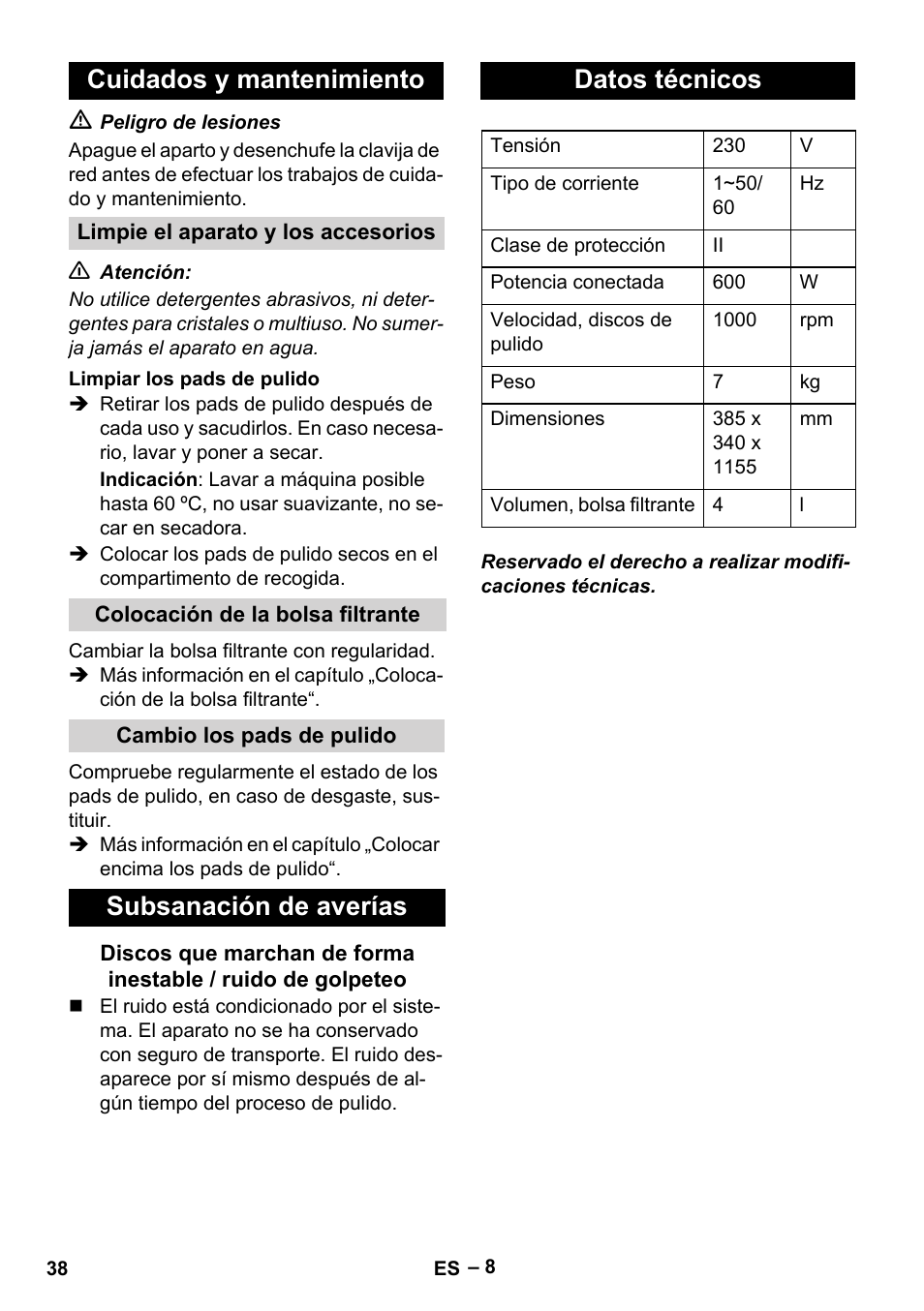 Cuidados y mantenimiento, Subsanación de averías, Datos técnicos | Karcher FP 303 User Manual | Page 38 / 188