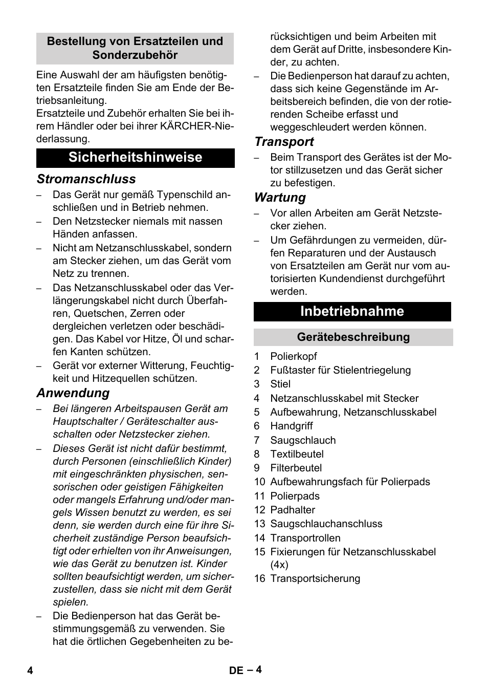 Sicherheitshinweise inbetriebnahme, Stromanschluss, Anwendung | Transport, Wartung | Karcher FP 303 User Manual | Page 4 / 188