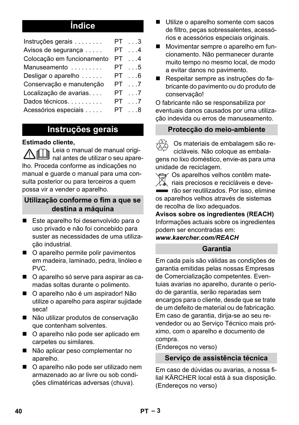 Português, Índice, Instruções gerais | Karcher FP 303 User Manual | Page 40 / 188