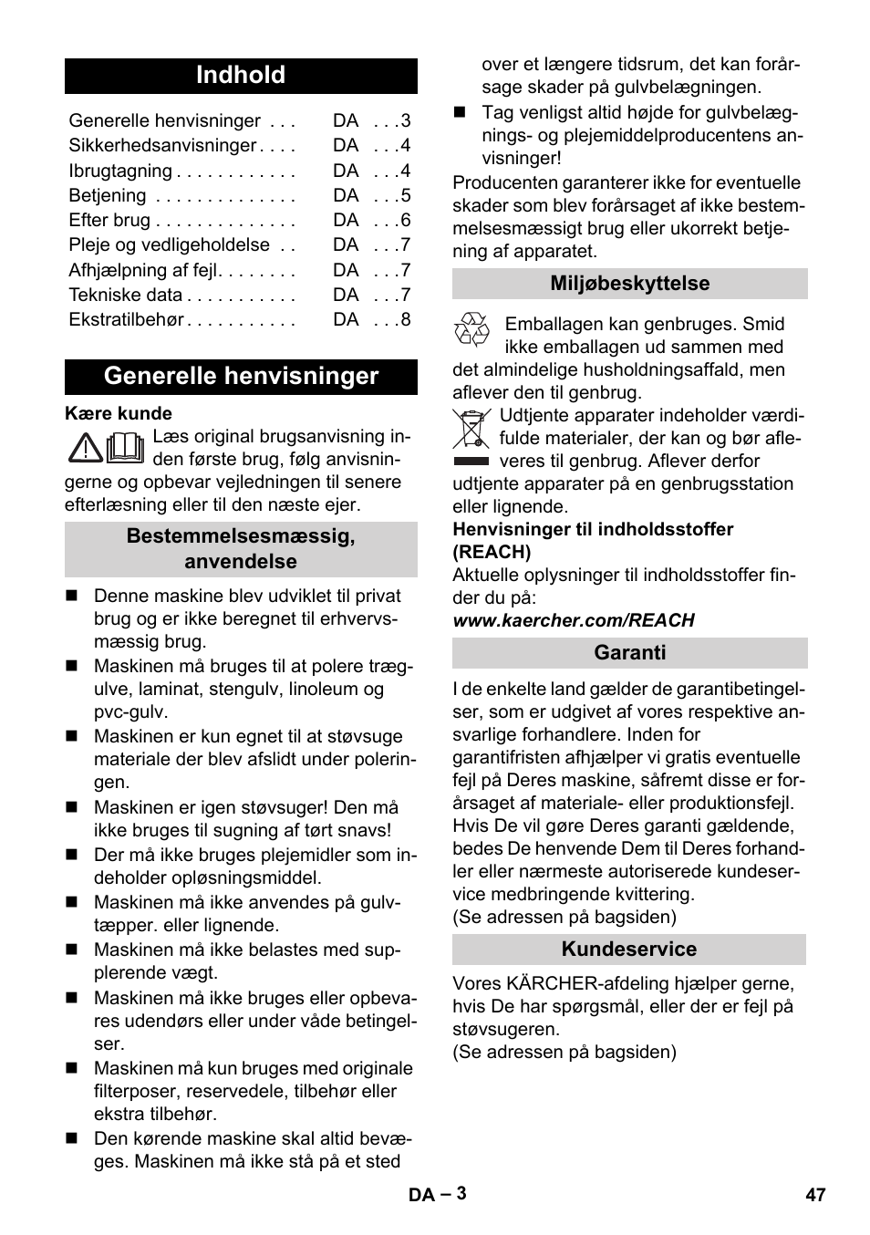 Dansk, Indhold, Generelle henvisninger | Karcher FP 303 User Manual | Page 47 / 188