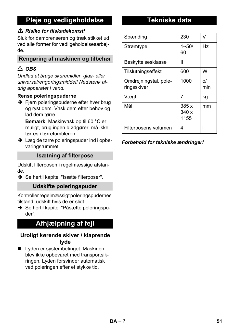 Pleje og vedligeholdelse, Afhjælpning af fejl, Tekniske data | Karcher FP 303 User Manual | Page 51 / 188