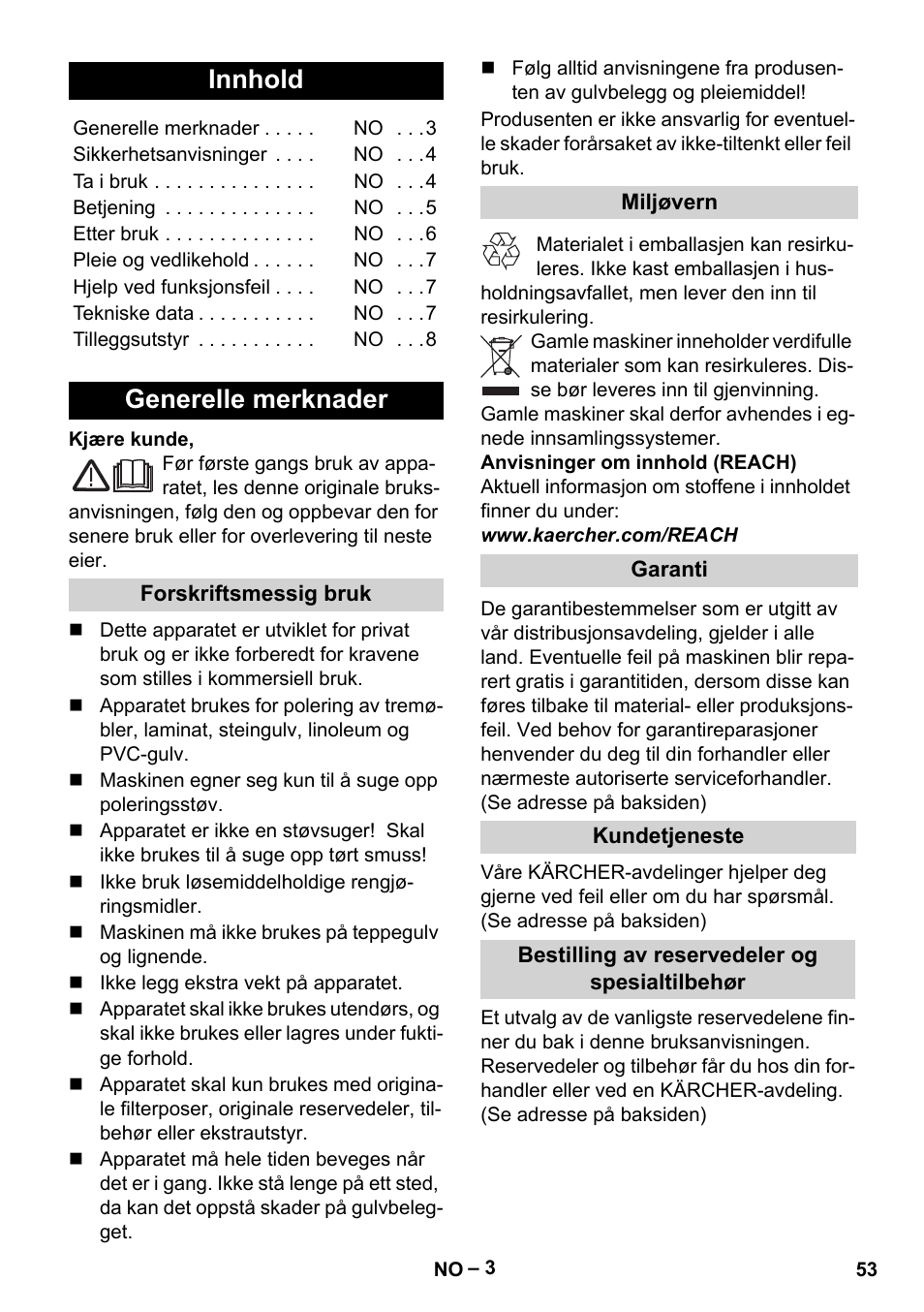 Norsk, Innhold, Generelle merknader | Karcher FP 303 User Manual | Page 53 / 188