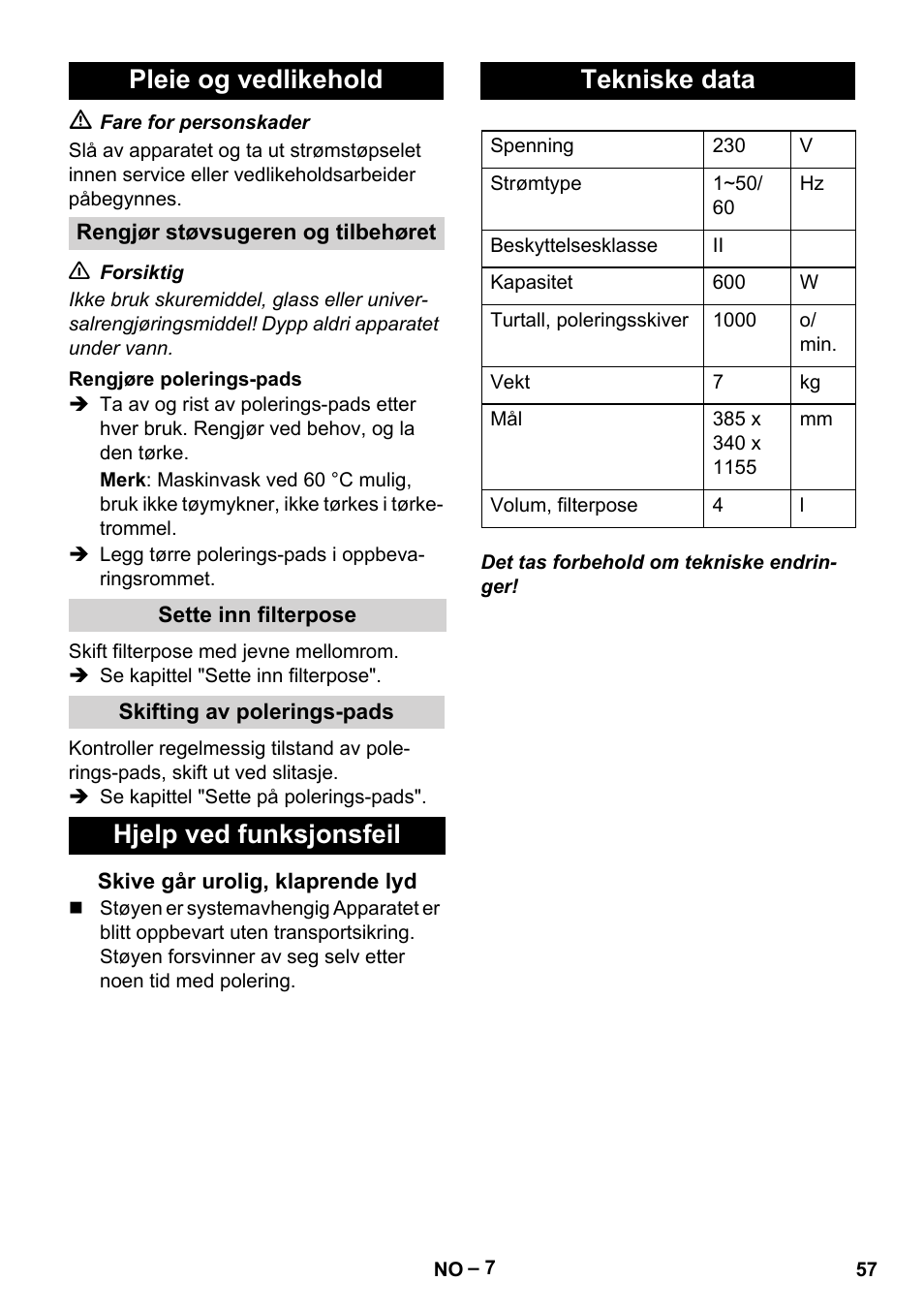 Pleie og vedlikehold, Hjelp ved funksjonsfeil, Tekniske data | Karcher FP 303 User Manual | Page 57 / 188