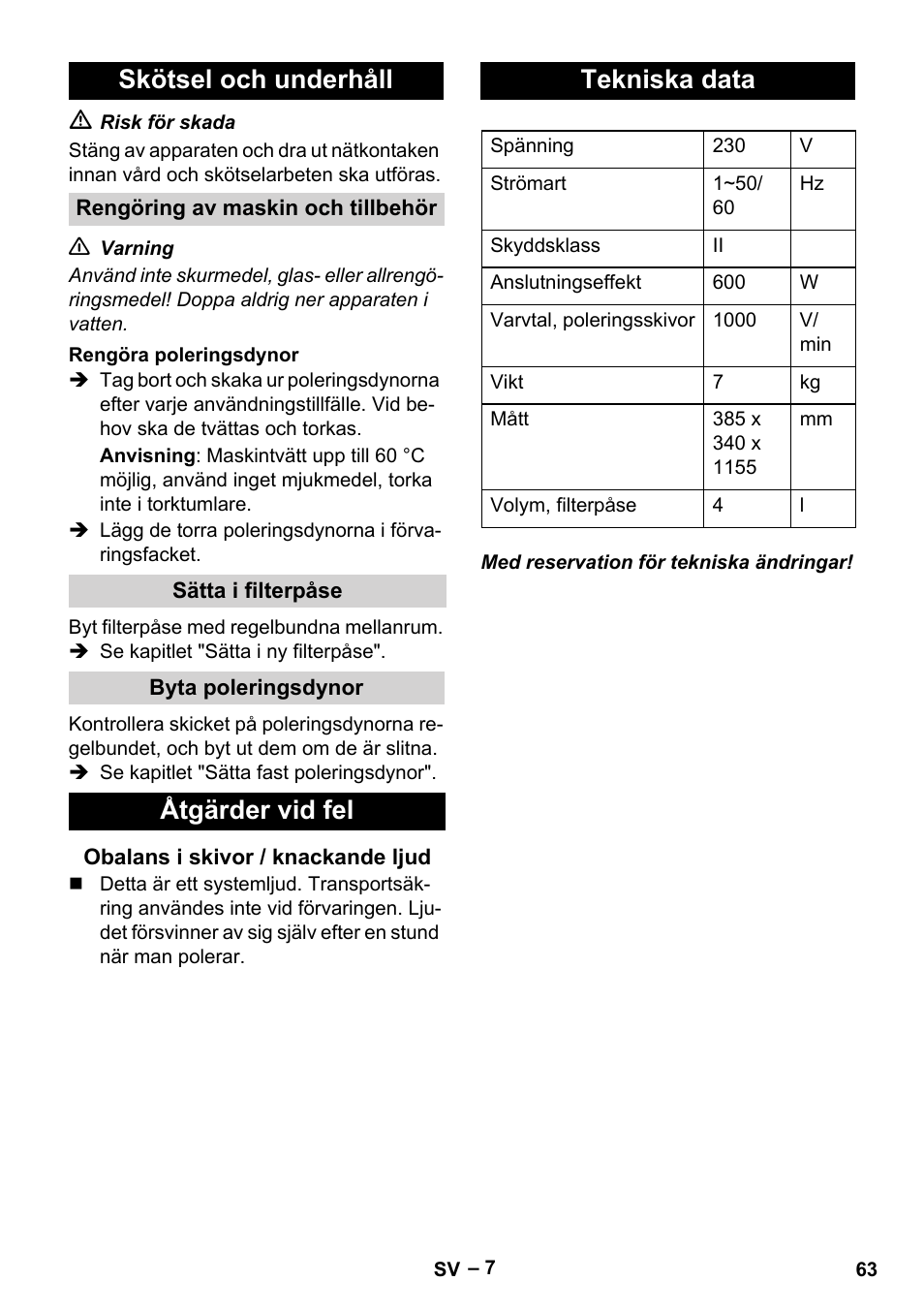 Skötsel och underhåll, Åtgärder vid fel, Tekniska data | Karcher FP 303 User Manual | Page 63 / 188