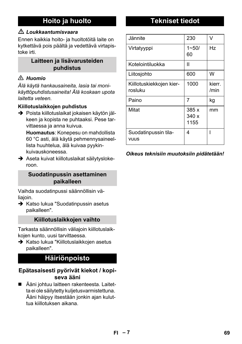 Hoito ja huolto, Häiriönpoisto, Tekniset tiedot | Karcher FP 303 User Manual | Page 69 / 188