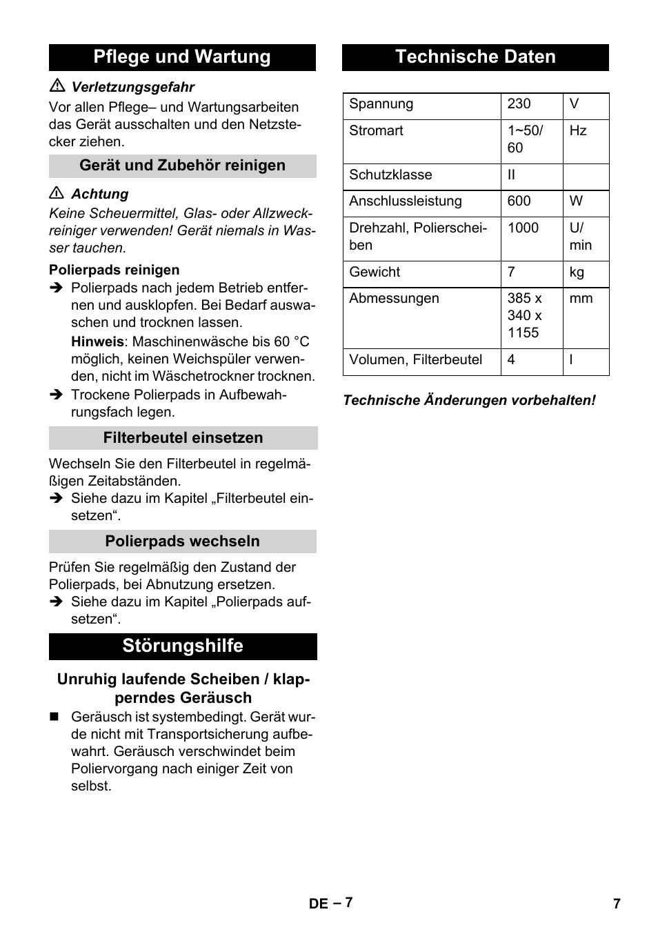 Pflege und wartung, Störungshilfe, Technische daten | Karcher FP 303 User Manual | Page 7 / 188