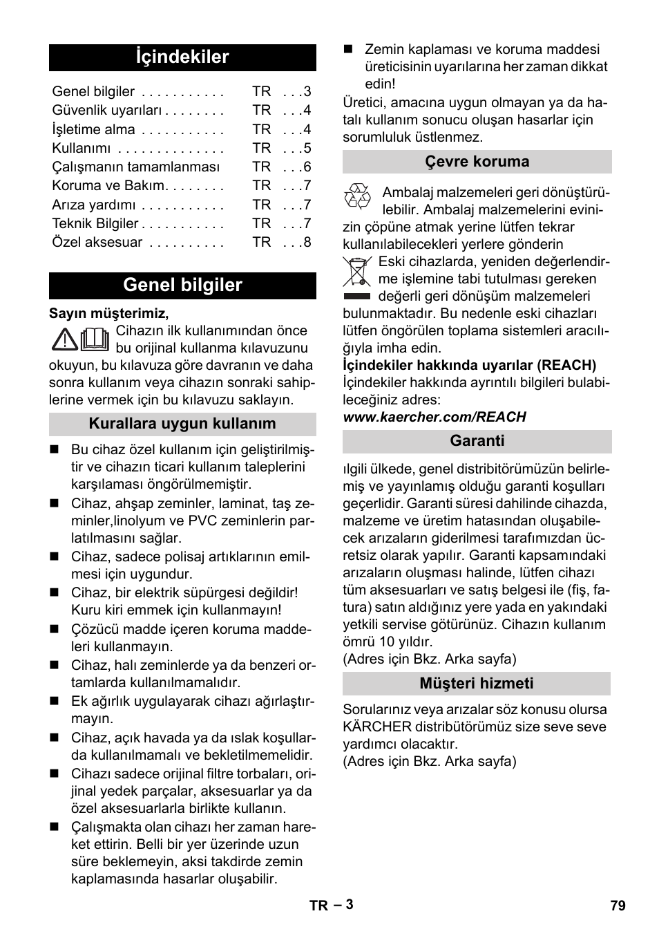 Türkçe, Içindekiler, Genel bilgiler | Karcher FP 303 User Manual | Page 79 / 188