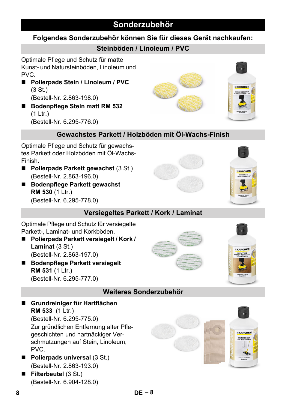 Sonderzubehör | Karcher FP 303 User Manual | Page 8 / 188